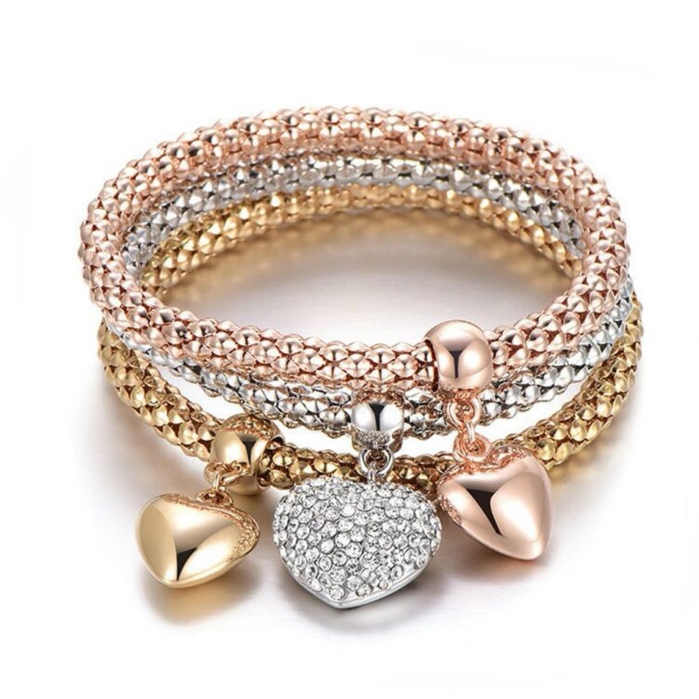 3PC Hearts Pendants Bracelets and Heart Pendant Rhinestone Bracelet